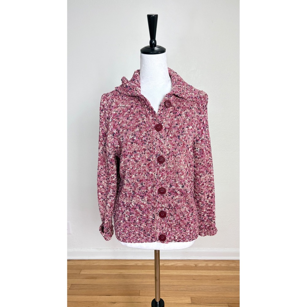 Y2K Vintage Chunky Knit Burgundy & Pink Cardigan Sweater Size Small Cottagecore